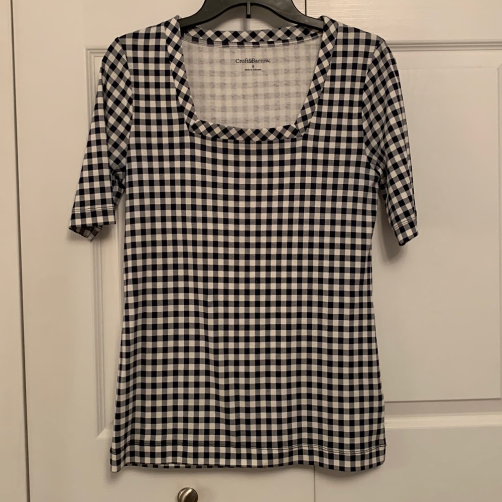 🌷Croft & Barrow Black & White Gingham Plaid Popover Small Square Neckline
